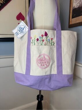 Trader Joe's large canvas tote in Lavender Embellished with Embroidered Floral D
